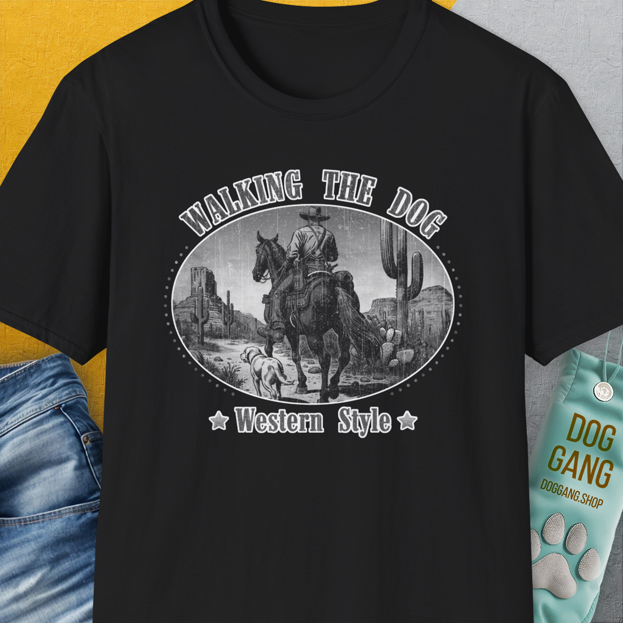 Western Style Volume 3 Unisex T-Shirt has a cowboy scene with humorous elements, perfect for any dog lover. Designed by Dog Gang.