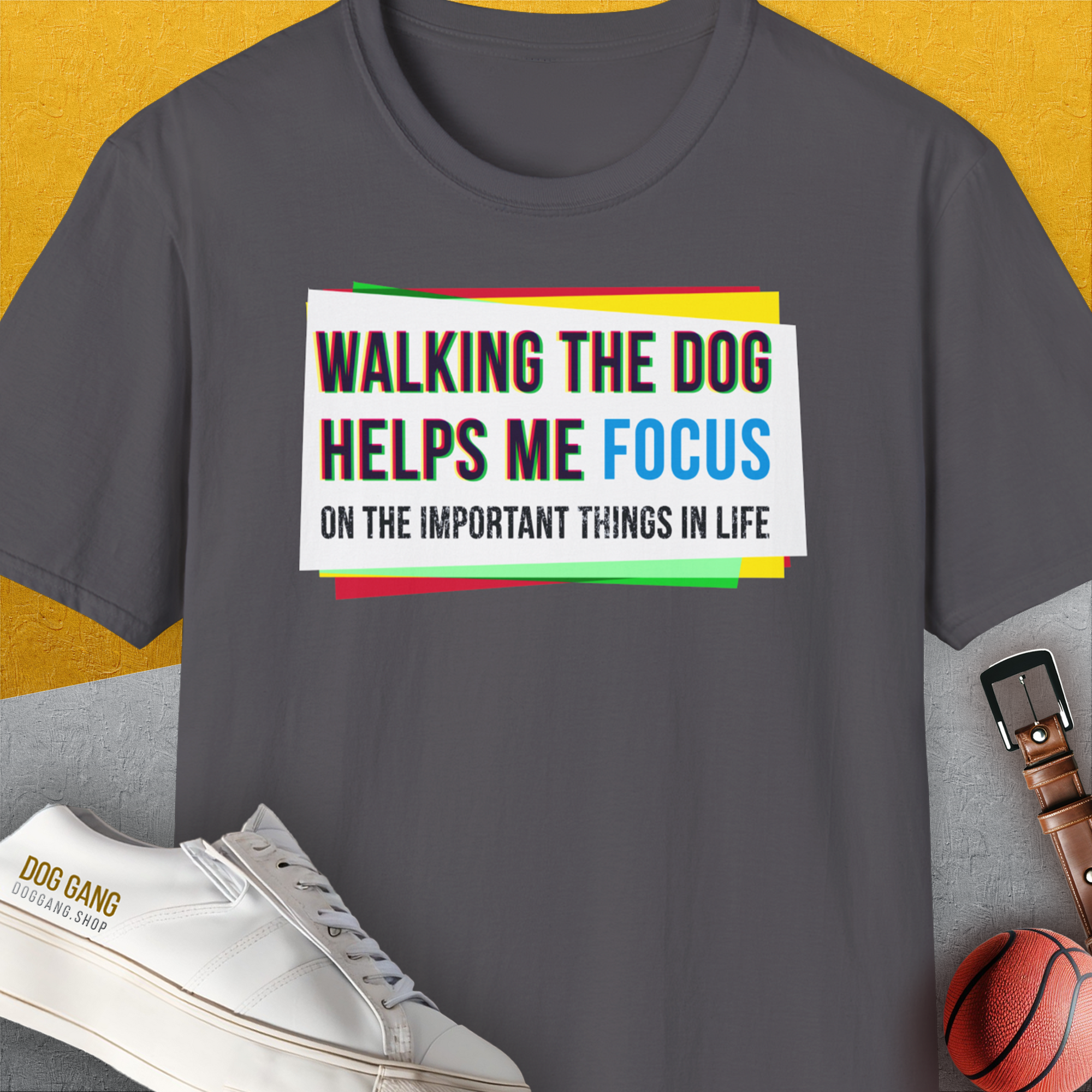 Walking The Dog Series One, Volume 1, Unisex T-Shirt-Charcoal. A perfect gift for dog lovers and dog owners. Design by Dog Gang