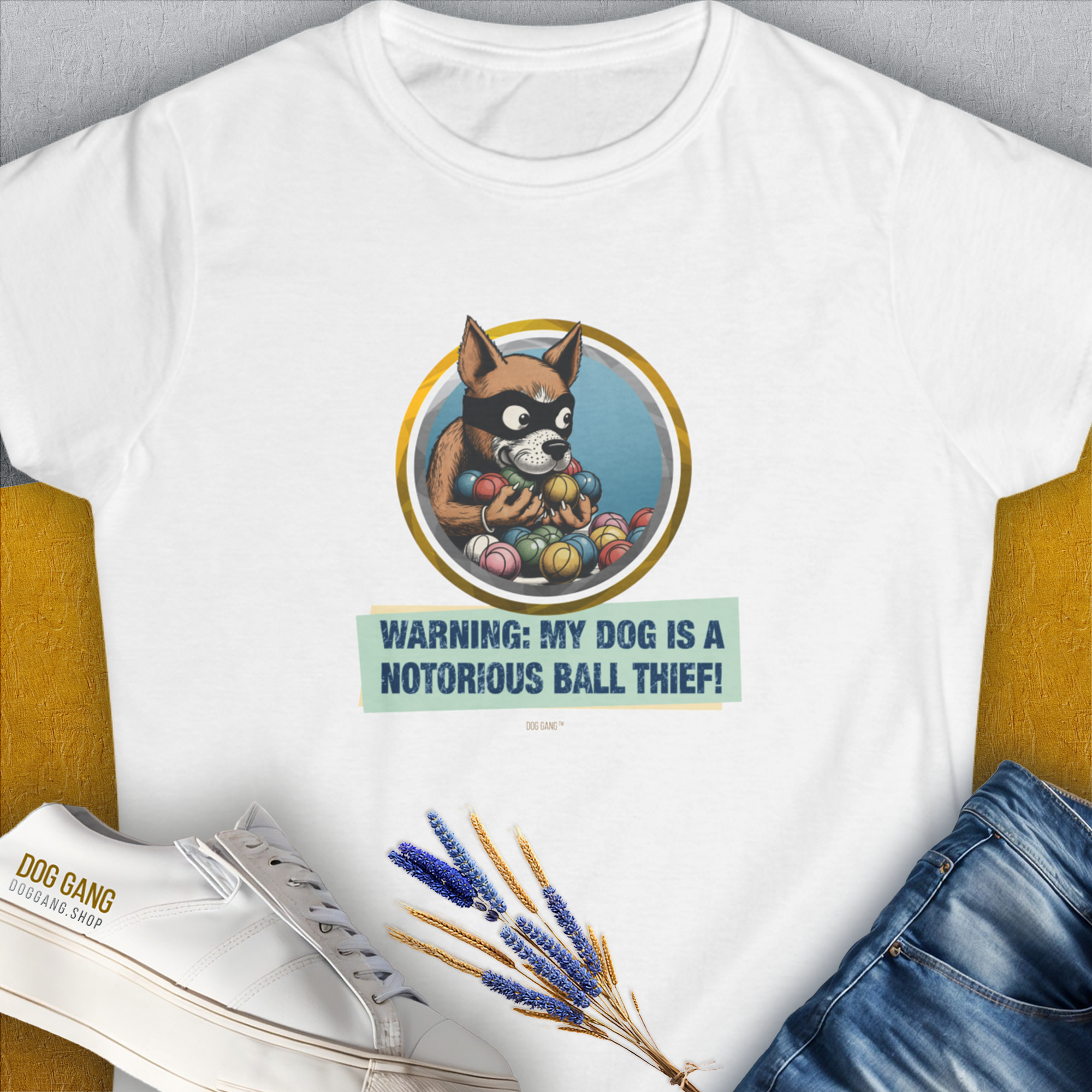 Warning: My Dog Is A Notorious Ball Thief, Volume 1, Women's T-Shirt-White. For dog lovers and dog owners. Design by Dog Gang