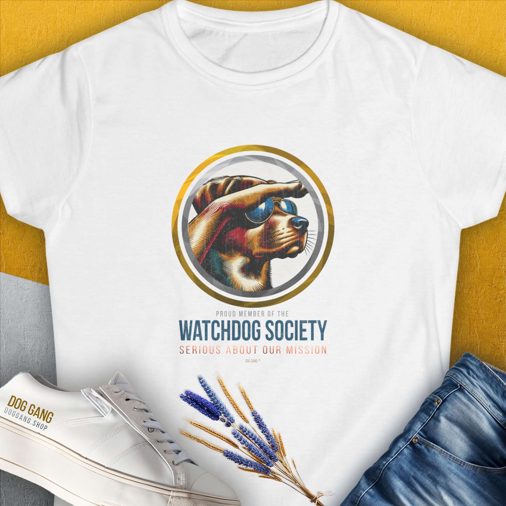 Watchdog Society Series, Volume 1, Women's T-Shirt-White. For dog lovers and dog owners. Design by Dog Gang