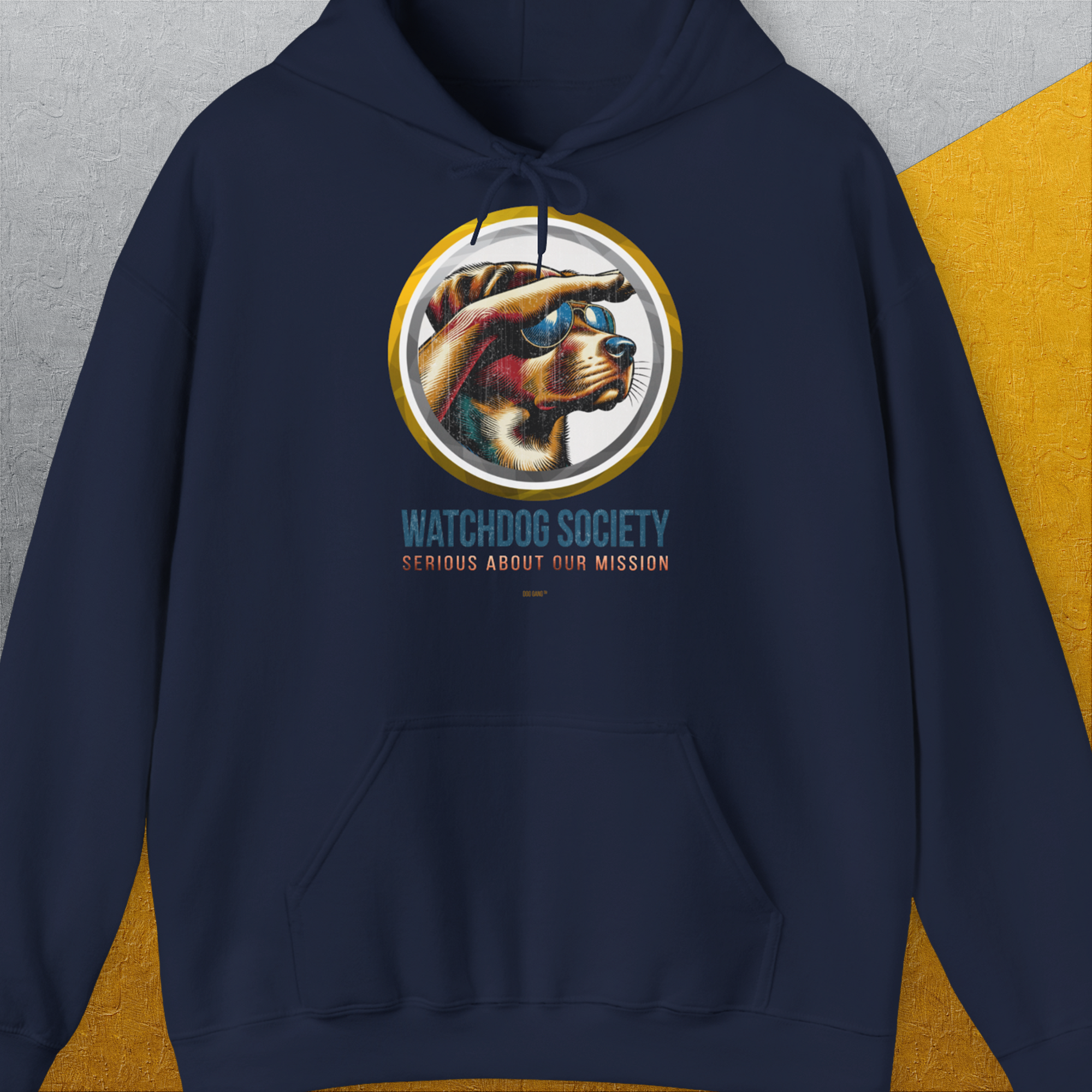 Watchdog Society Series, Volume 1, Unisex Hoodie-Navy-origineller und witziger Kapuzenpulli mit Hund, Design by Dog Gang