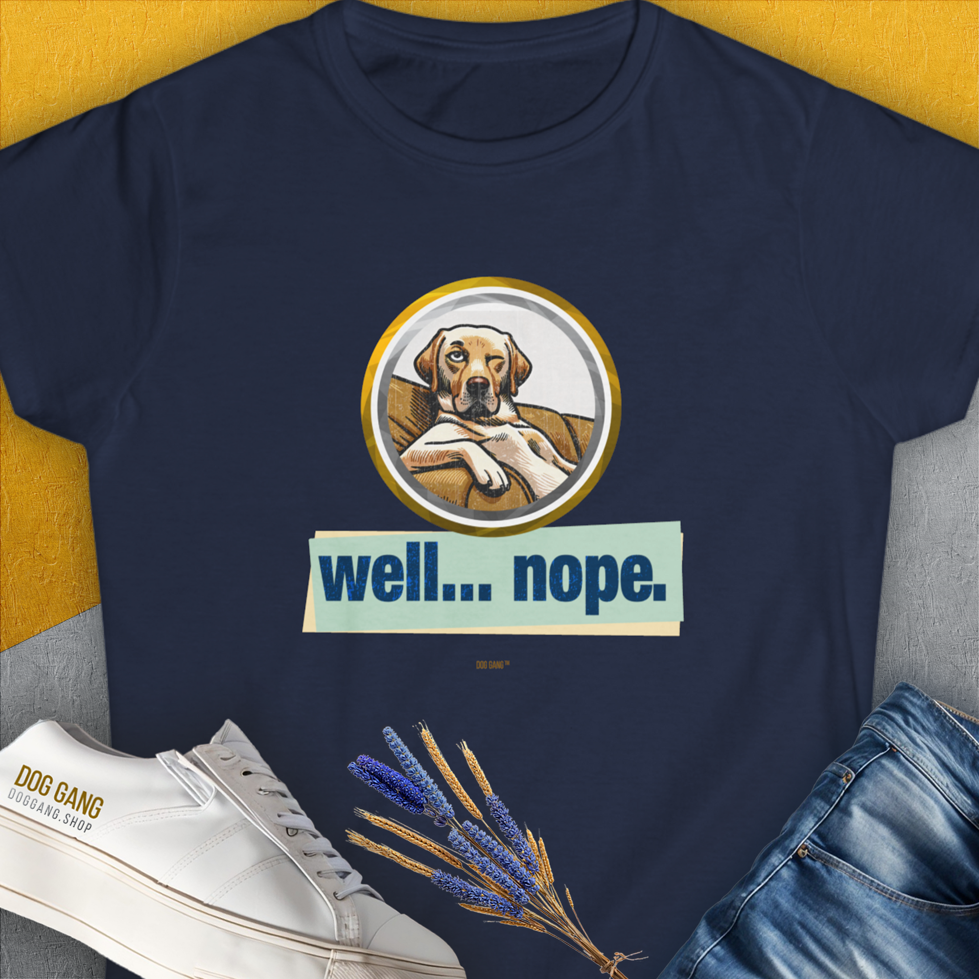 This playful dog-themed shirt features a funny Golden Retriever dog image with the quote "well... nope". A great choice for any dog lover gift or puppy print tee, Volume 1 from the popular series of the same name. Designed by Dog Gang.