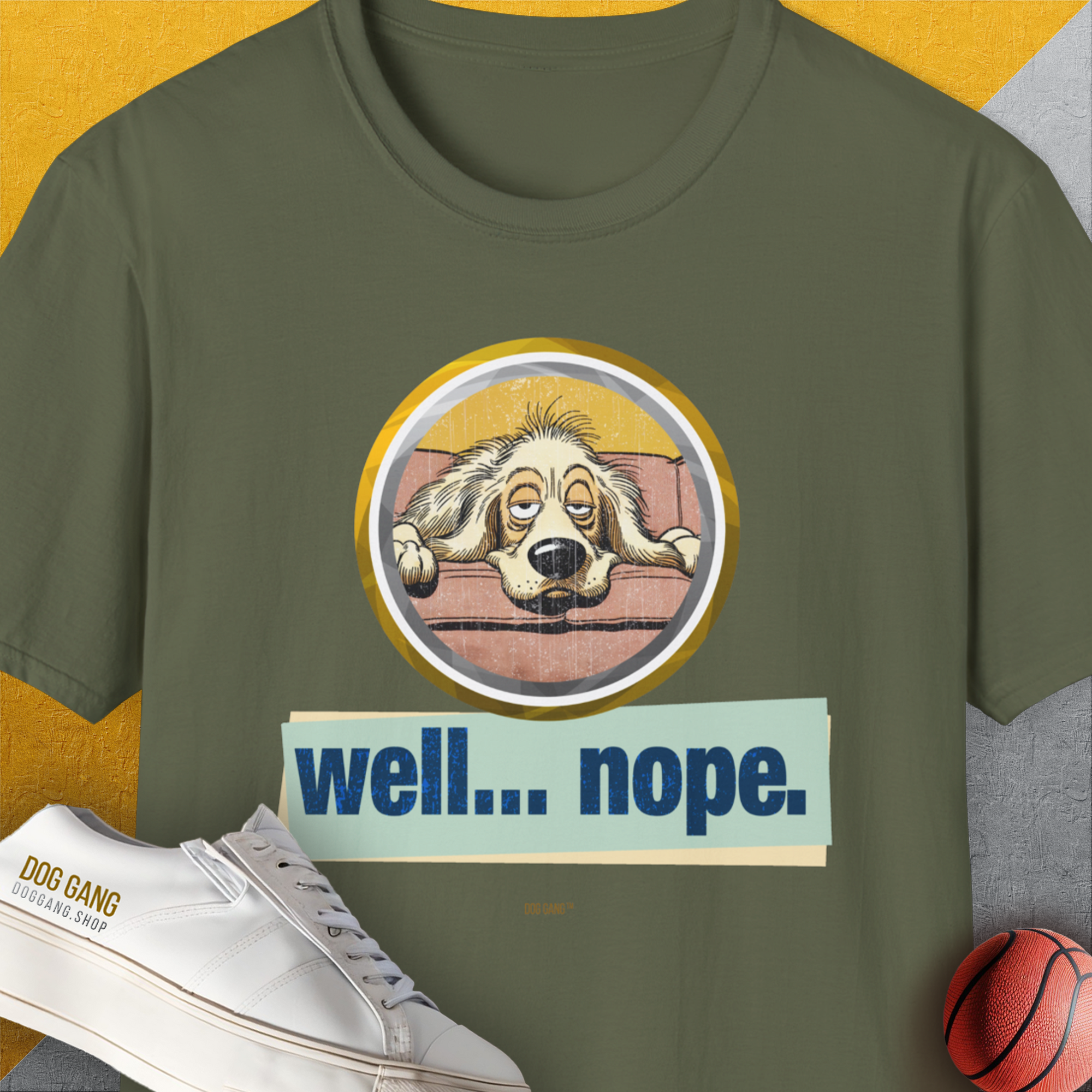 Funny shirt featuring a tired Golden Retriever with the text "well... nope", perfect for any dog lover. Designed by Dog Gang.