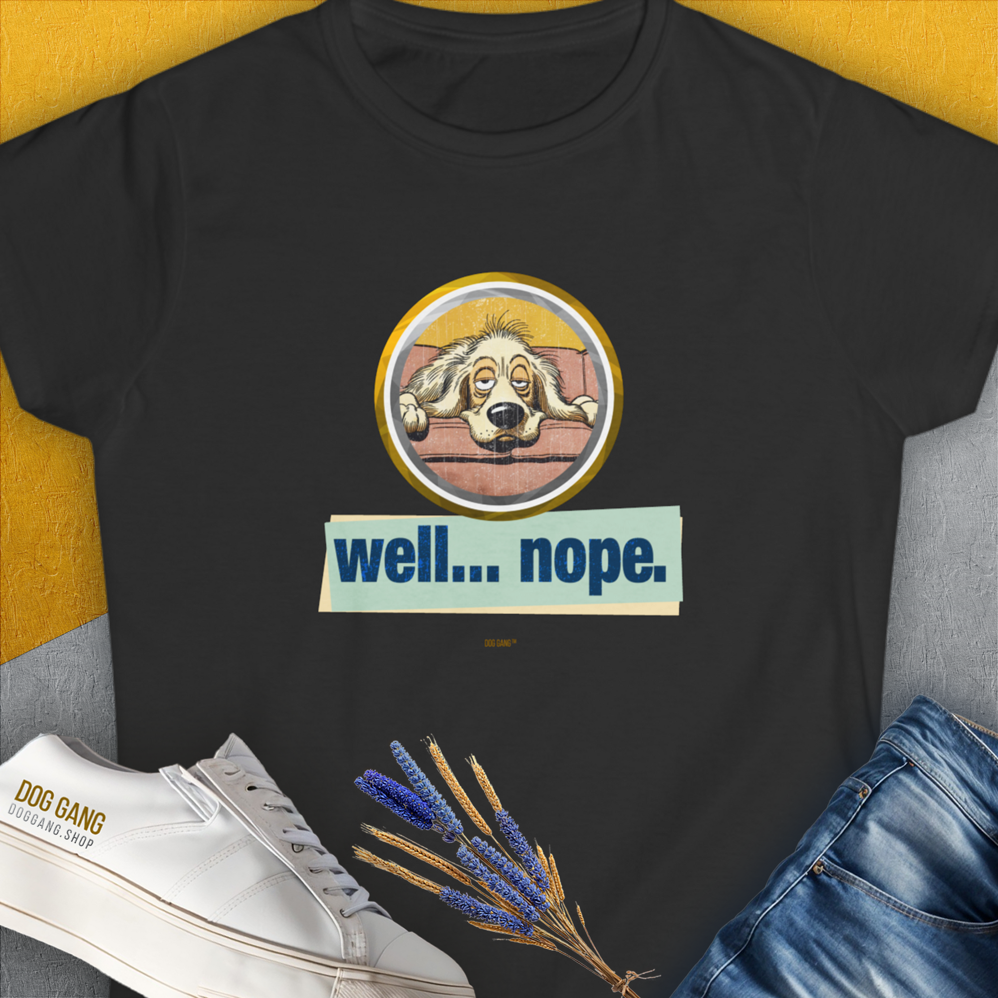 Well... Nope. Volume 2 black womens T-shirt showcases a sleepy dog with the text well... nope. A funny dog shirt for those who love humor in style. Designed by Dog Gang.