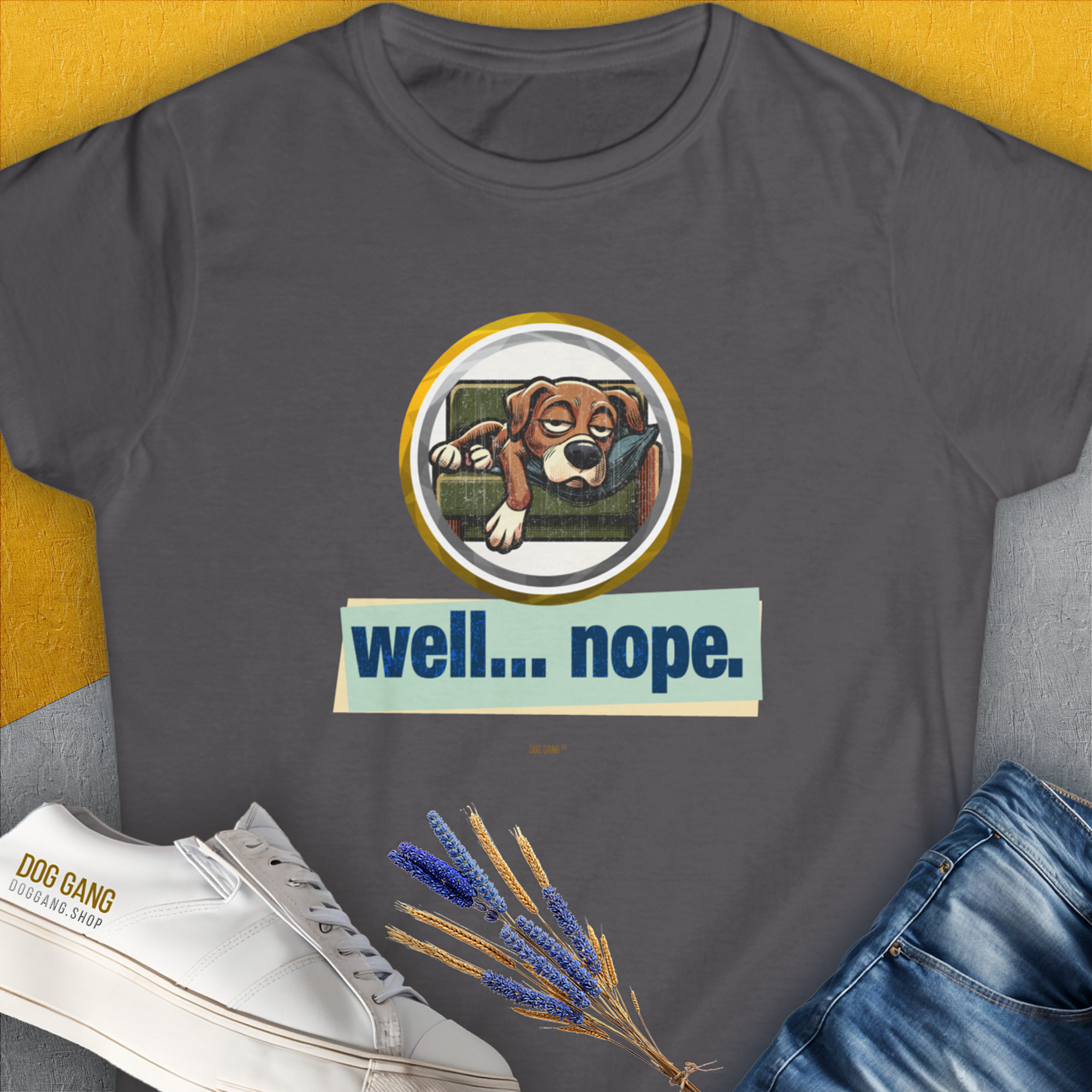 The Well... Nope. Volume 3 Womens T-Shirt in charcoal showcases a sleepy dog graphic with the saying "well... nope." Its a funny dog shirt made from ringspun cotton. Designed by Dog Gang.