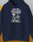 Who Cares About The Weather When You're In Good Company, Volume 1, Unisex Hoodie-Navy-lustiger Spruch mit Hund auf weichem Kapuzenpulli für in- und outdoor. Design by Dog Gang