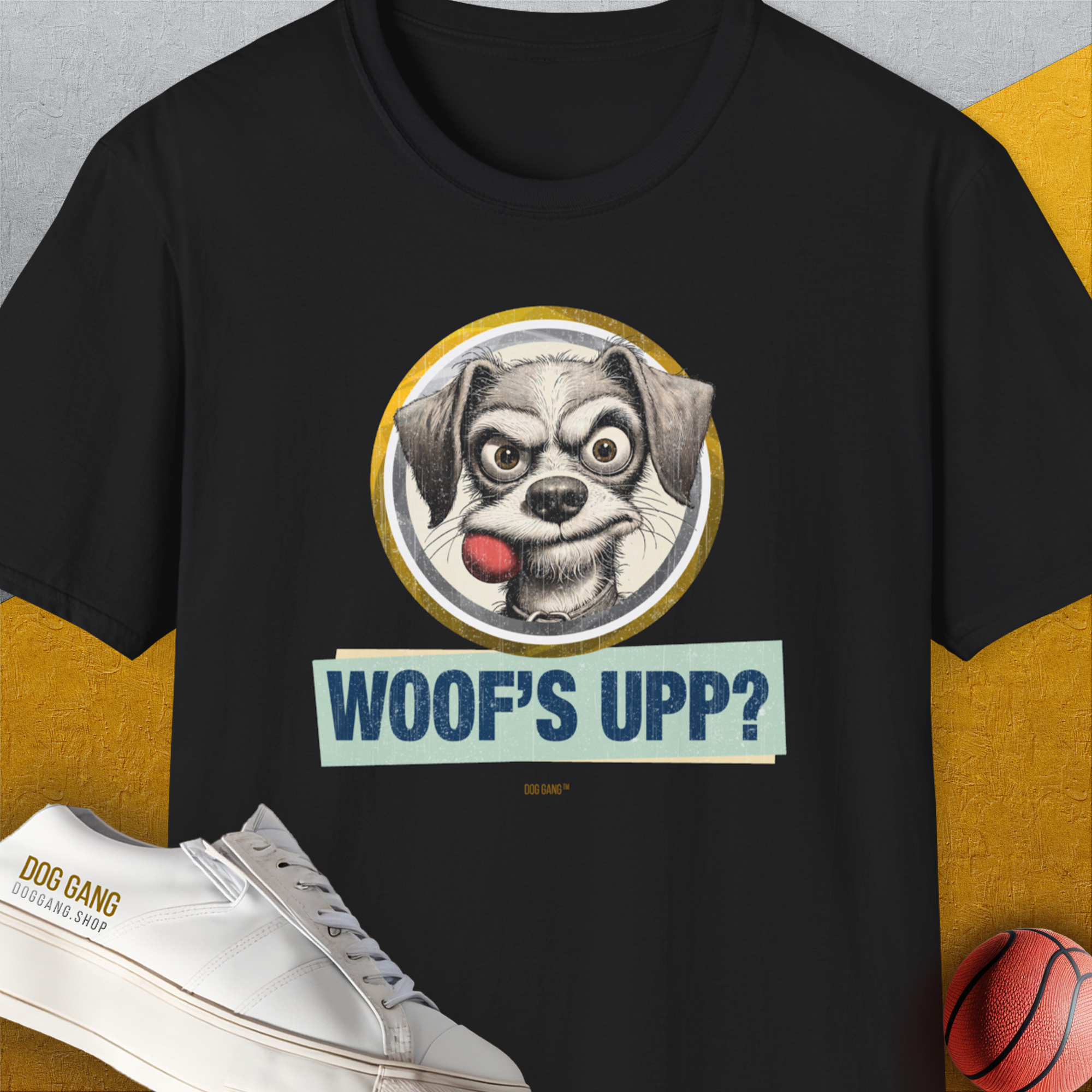 Woof's Upp? Volume 1, Unisex T-Shirt-Black. A perfect gift for dog lovers and dog owners. Design by Dog Gang