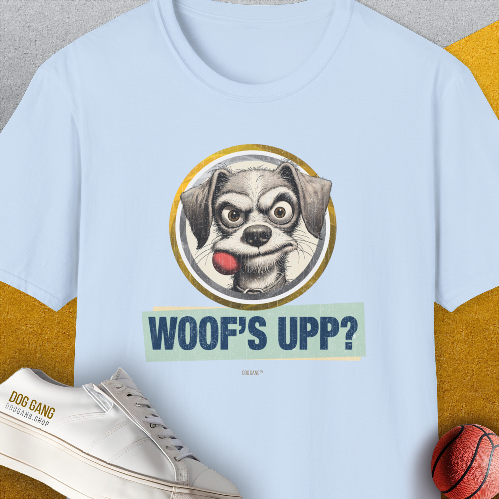 Woof&#39;s Upp? Volume 1, Unisex T-Shirt-Light Blue, Design by Dog Gang