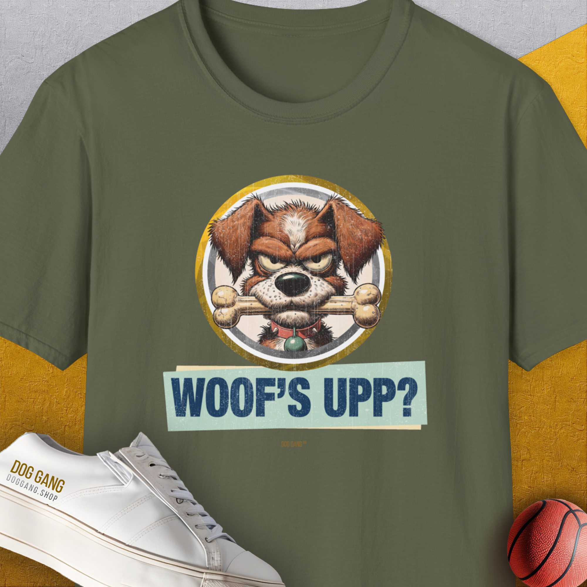Woof's Upp? Volume 2, Unisex T-Shirt-Military Green. A perfect gift for dog lovers and dog owners. Design by Dog Gang