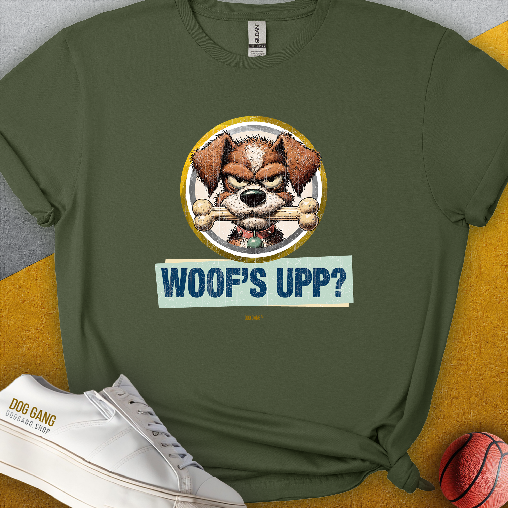 The Woofs Upp? Volume 2 unisex t-shirt features a cartoon angry dog with the text WOOFS UPP? A must-have for any funny dog shirt collection. Designed by Dog Gang.