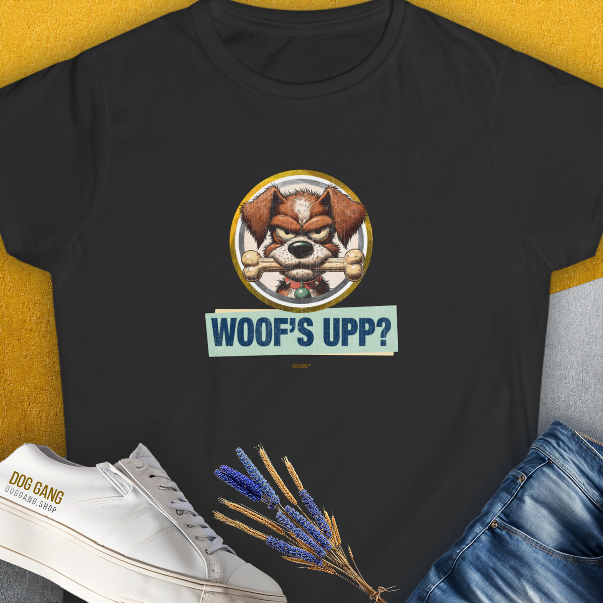 The Woofs Upp? Volume 2 Womens T-Shirt features a funny dog design with WOOFS UPP? text and playful graphics. Designed by Dog Gang.