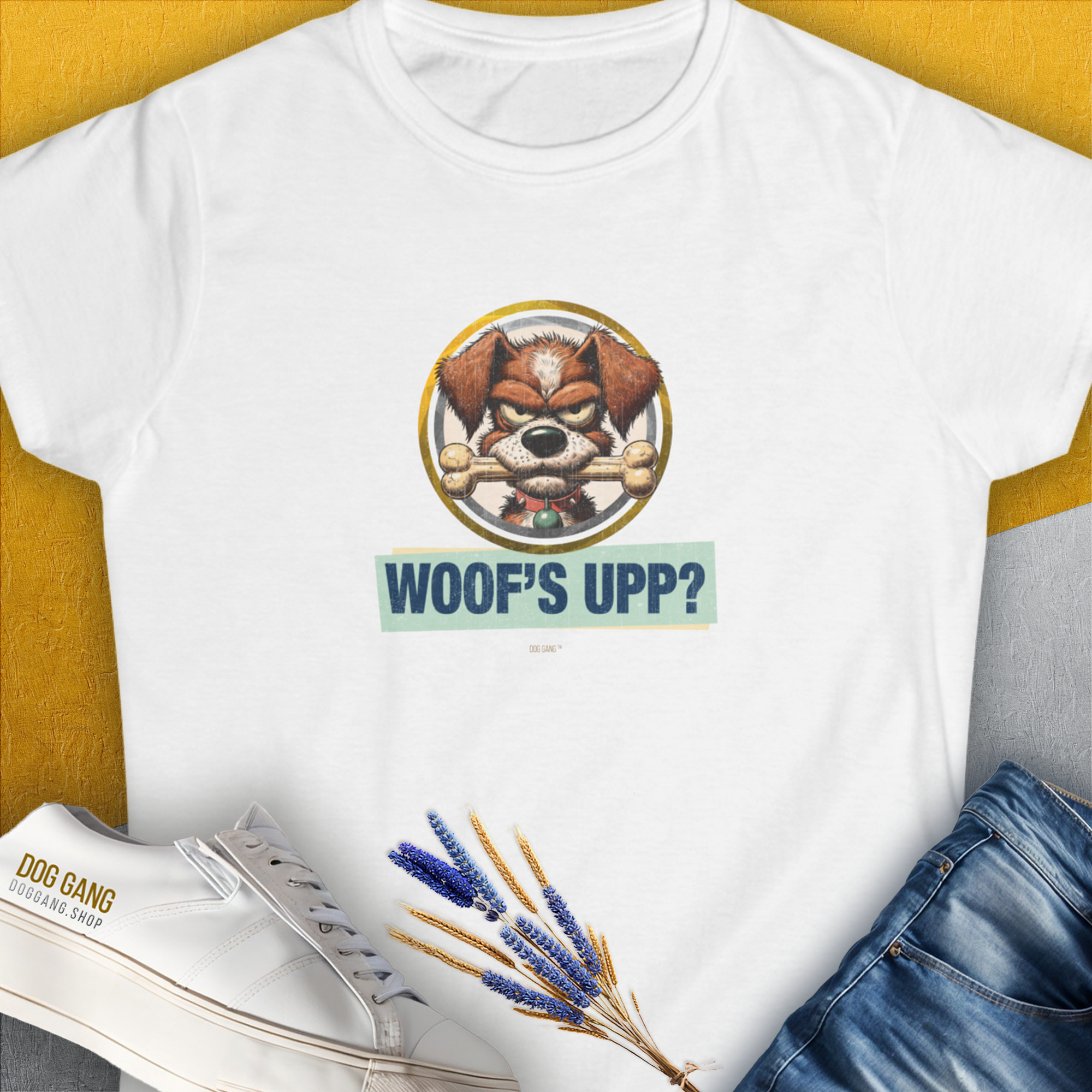 Woof's Upp? Volume 2, Women's T-Shirt-White. For dog lovers and dog owners. Design by Dog Gang