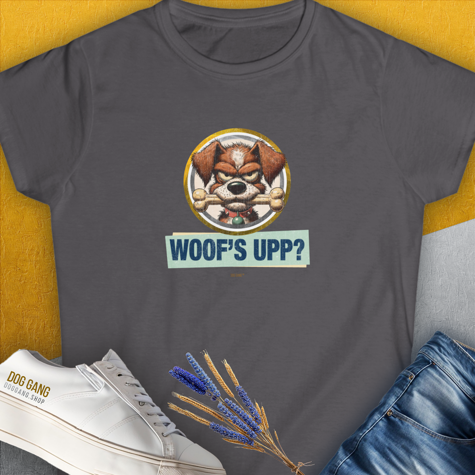 Woof's Upp? Volume 2, Women's T-Shirt-Charcoal. A dog-themed Design from Dog Gang