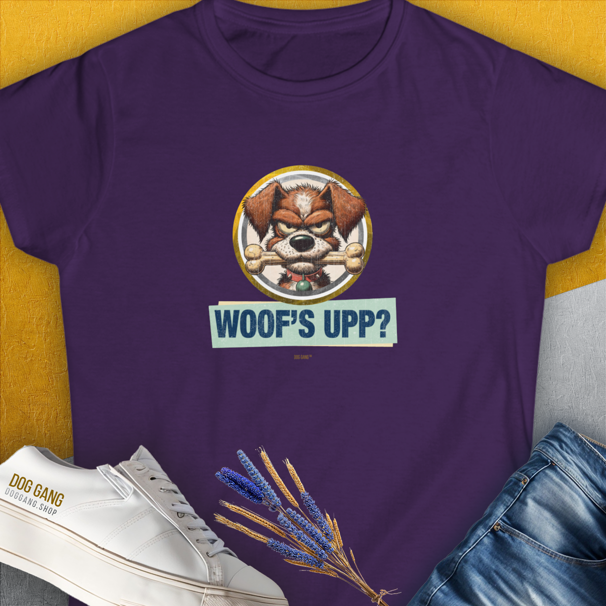 Woof&#39;s Upp? Volume 2, Women&#39;s T-Shirt-Purple, a cool and stylish design with a funny saying from Dog Gang