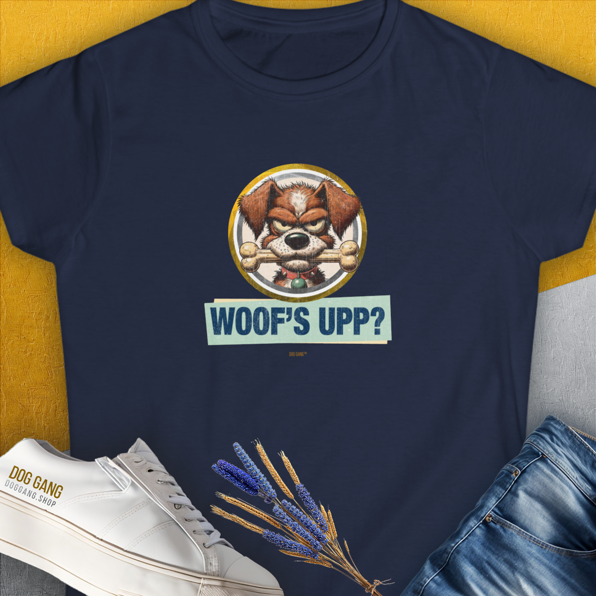 Woof&#39;s Upp? Volume 2, Women&#39;s T-Shirt-Navy. A perfect gift for dog lovers and dog owners. Design by Dog Gang