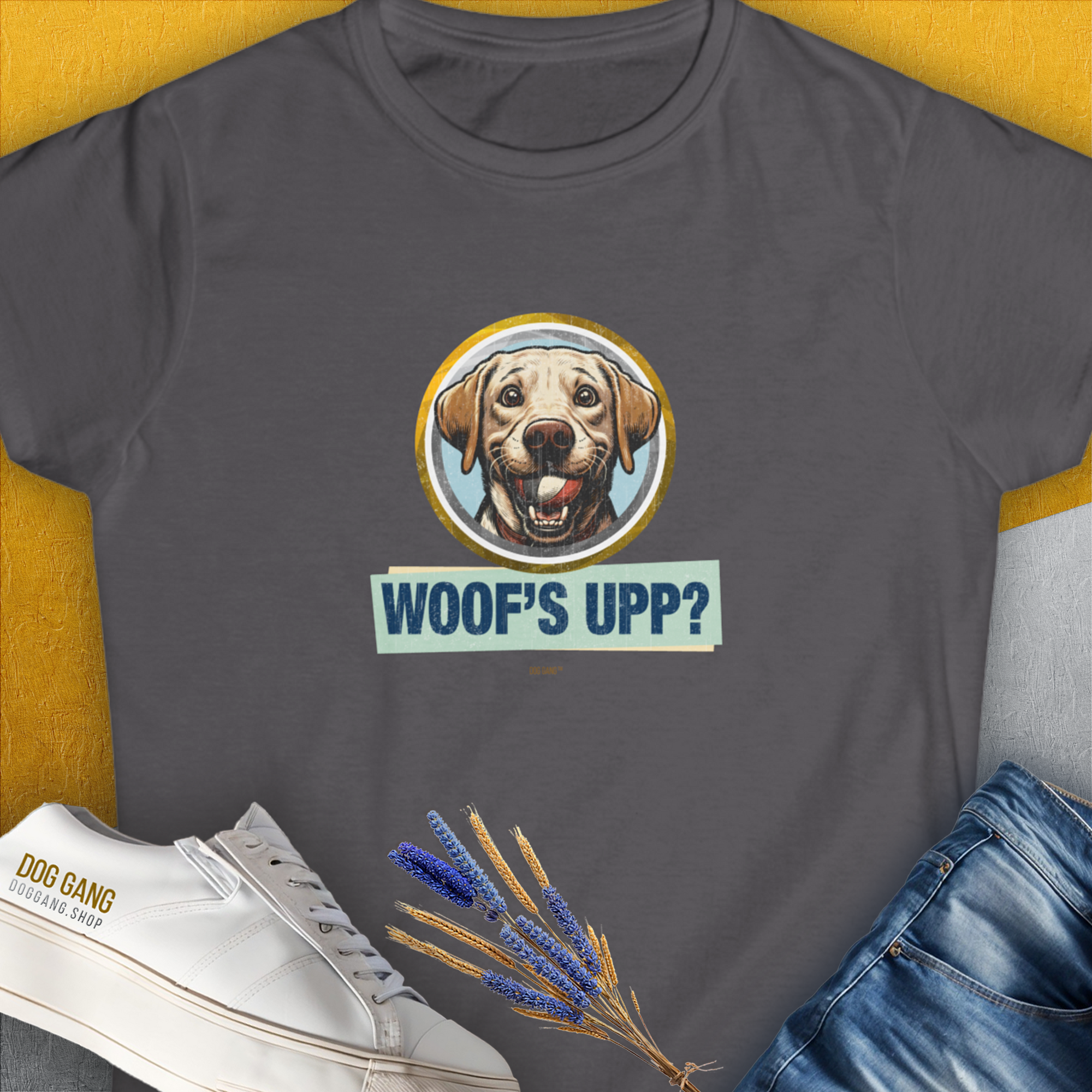Woof's Upp? Volume 3, Women's T-Shirt-Charcoal. A dog-themed Design from Dog Gang
