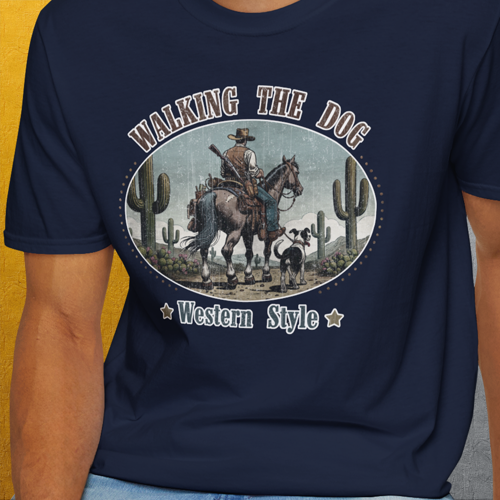 Walking The Dog, Western Style, Volume 2, Unisex T-Shirt-, a fun and stylish design for dog lovers from Dog Gang