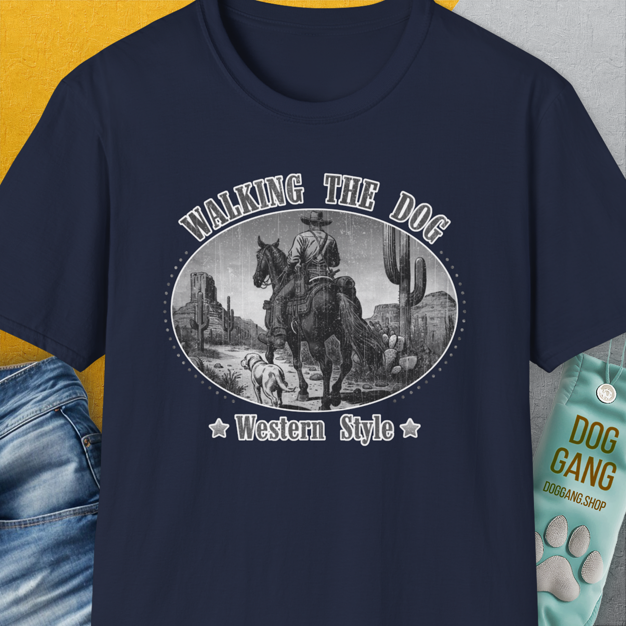 Walking The Dog, Western Style, Volume 3, Unisex T-Shirt-Navy, Design by Dog Gang