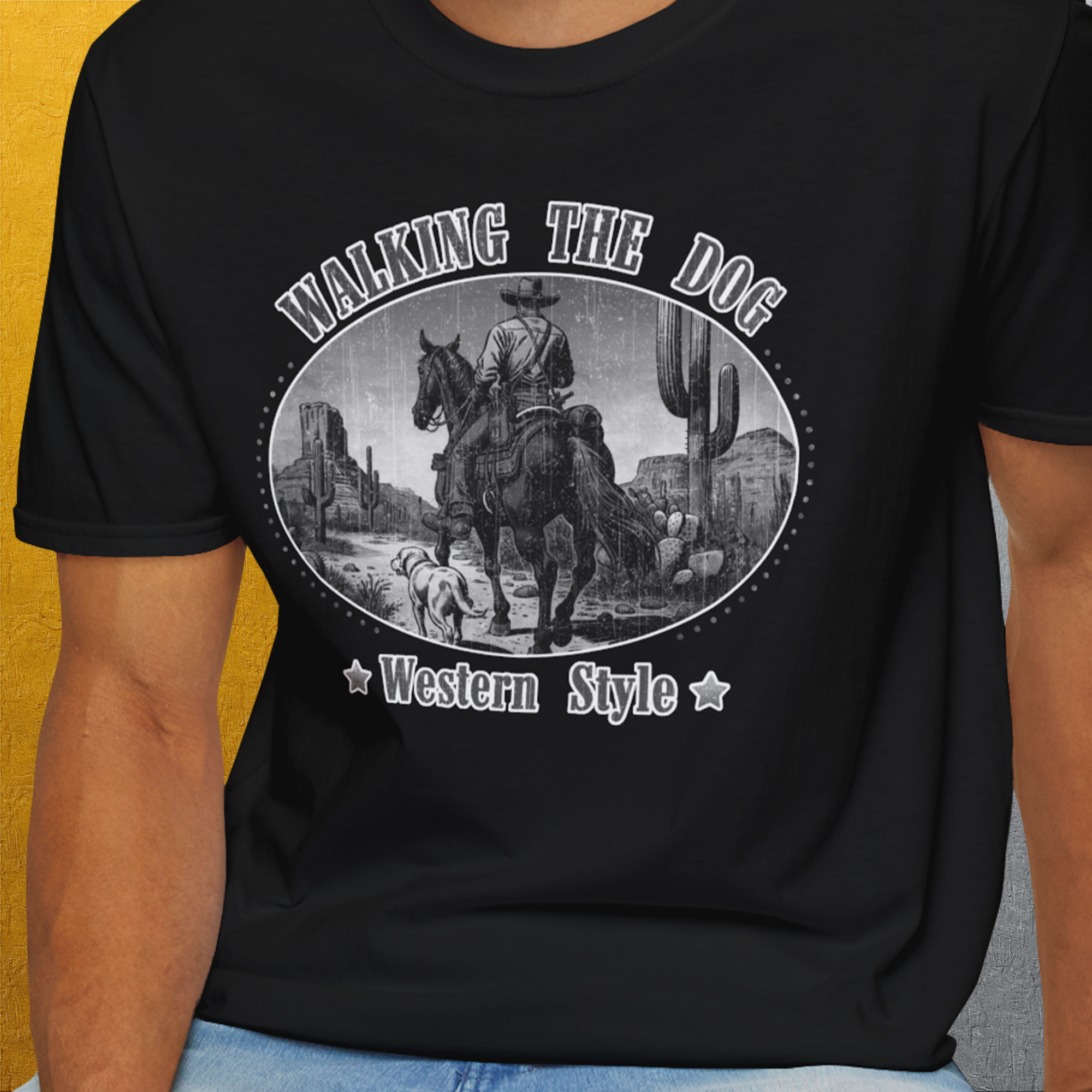 Walking The Dog, Western Style, Volume 3, Unisex T-Shirt-, a fun and stylish design for dog lovers from Dog Gang