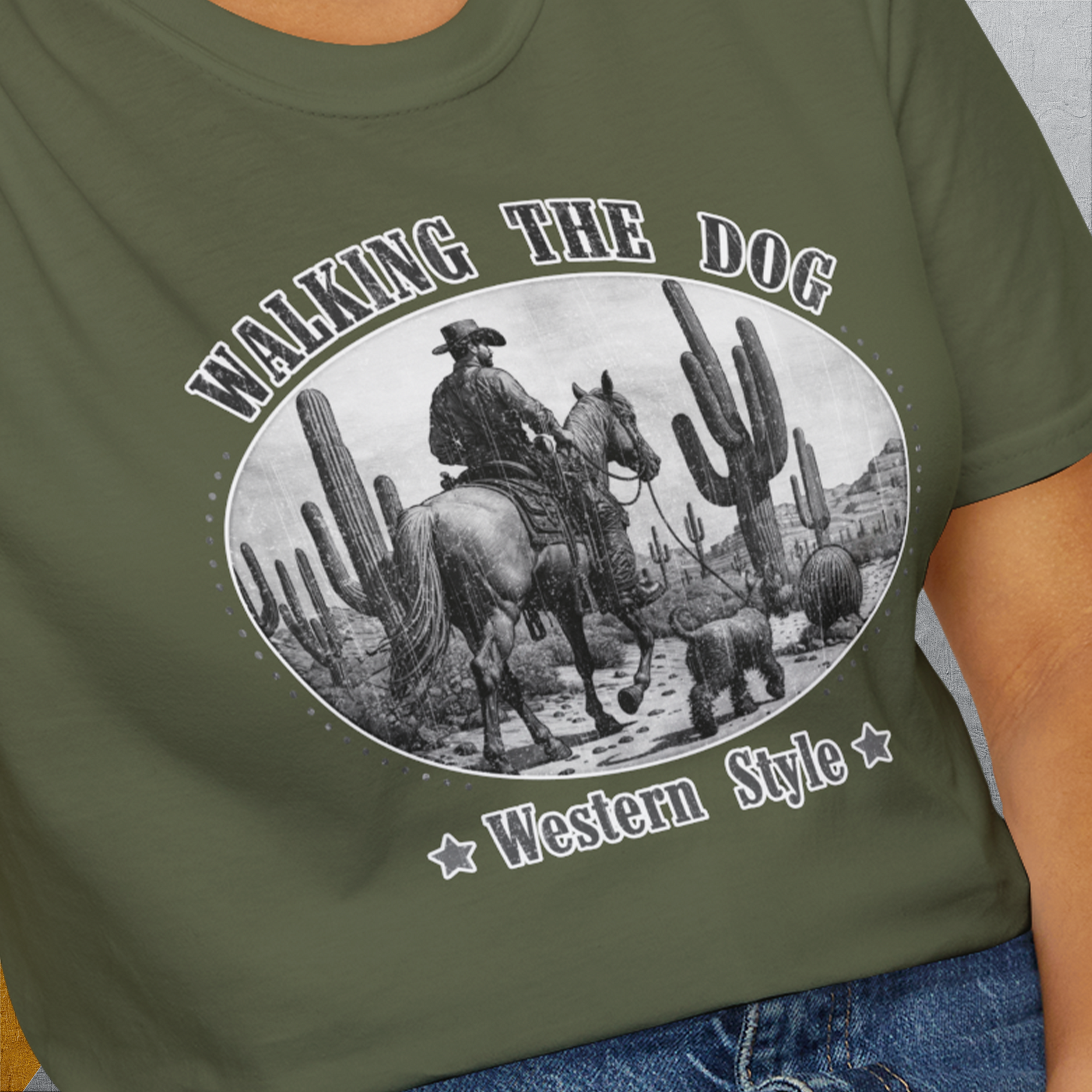 Walking The Dog, Western Style, Volume 1, Unisex T-Shirt-. For dog lovers and dog owners. Design by Dog Gang