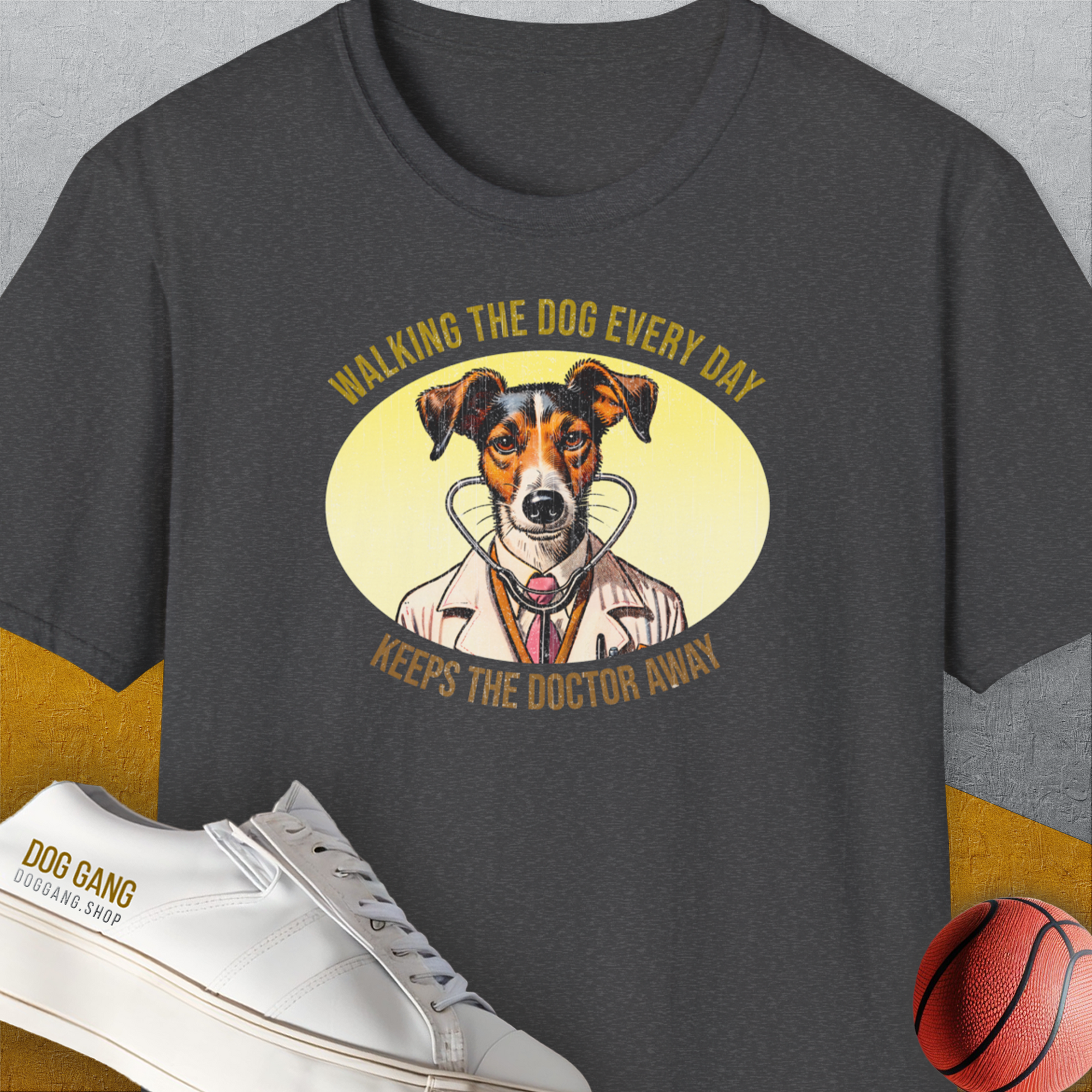 Walking The Dog Every Day Keeps The Doctor Away, Volume 2, Unisex T-Shirt-Dark Heather-bequemes Shirt mit lustigem Spruch für Hundebesitzer, Design by Dog Gang