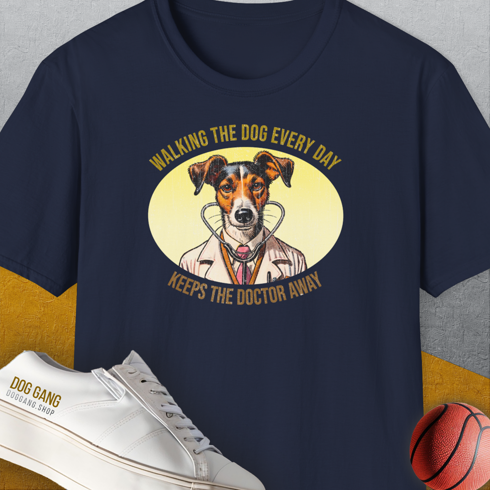 Walking The Dog Every Day Keeps The Doctor Away, Volume 2, Unisex T-Shirt-Navy-witziges Shirt mit lustigem Spruch für Hundefreund, Design by Dog Gang